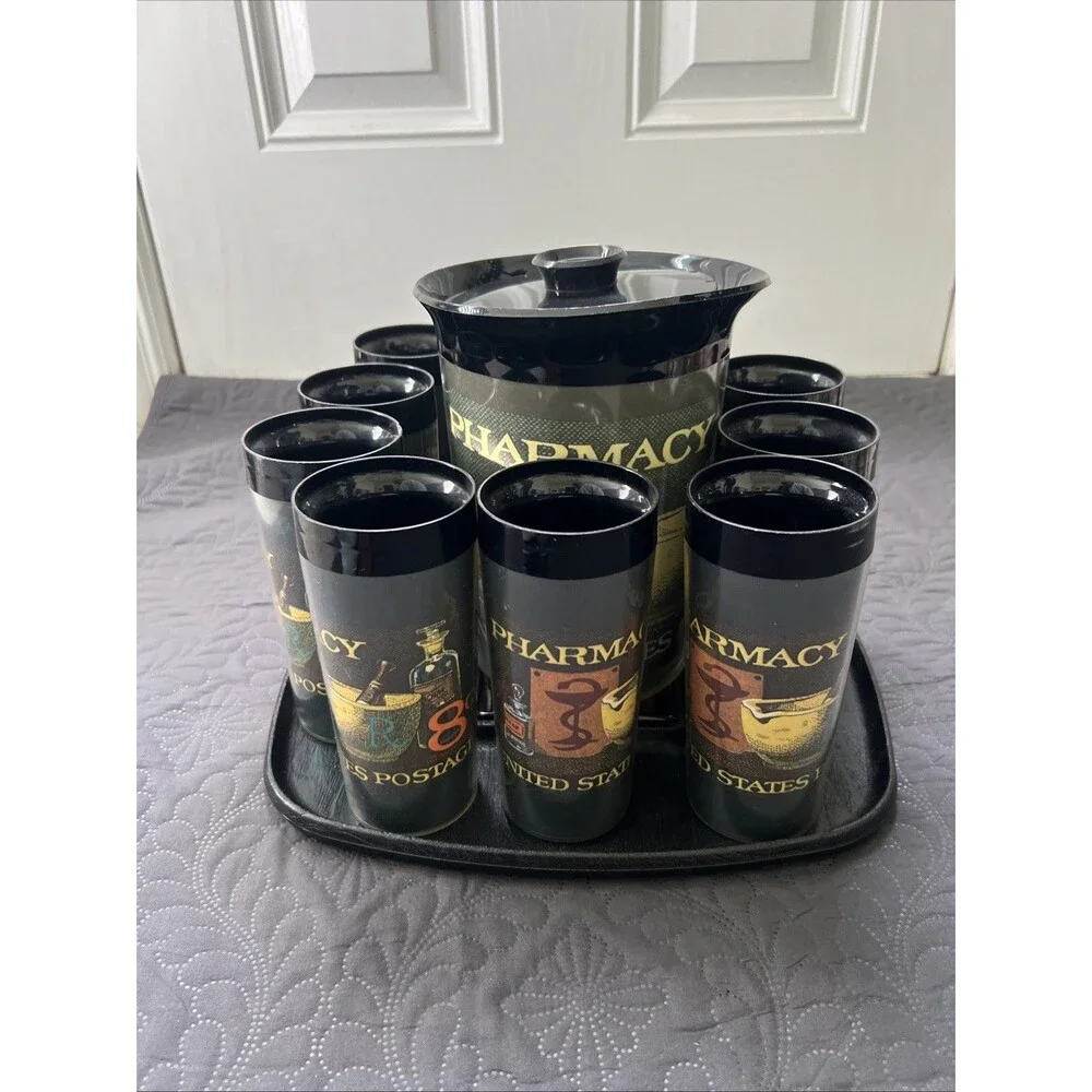 Vintage 70s Thermo Serv 23pc Pharmacy Postage Stamp Drinkware Set Collectible